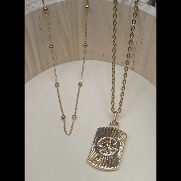 18K Gold Plated Layered Necklace Set Sun Moon Pendant Amber Crystal Satellite Ch - Picture 6 of 6